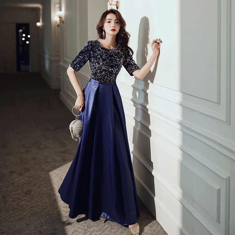 New Blue Birthday Party Dress Long Host Dinner Evening Dress Thin Women Winter - Image 3