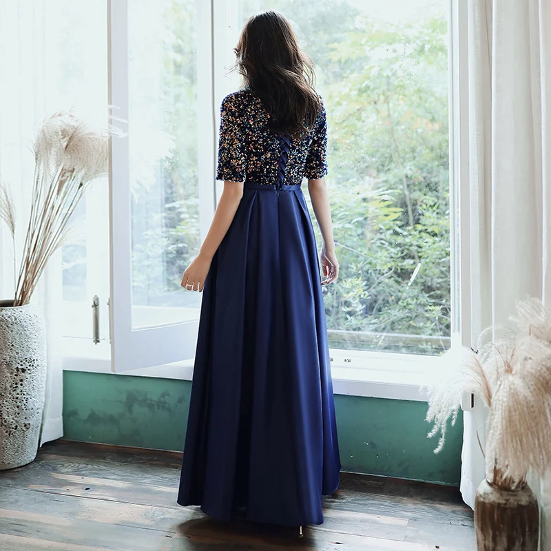 New Blue Birthday Party Dress Long Host Dinner Evening Dress Thin Women Winter - Image 5