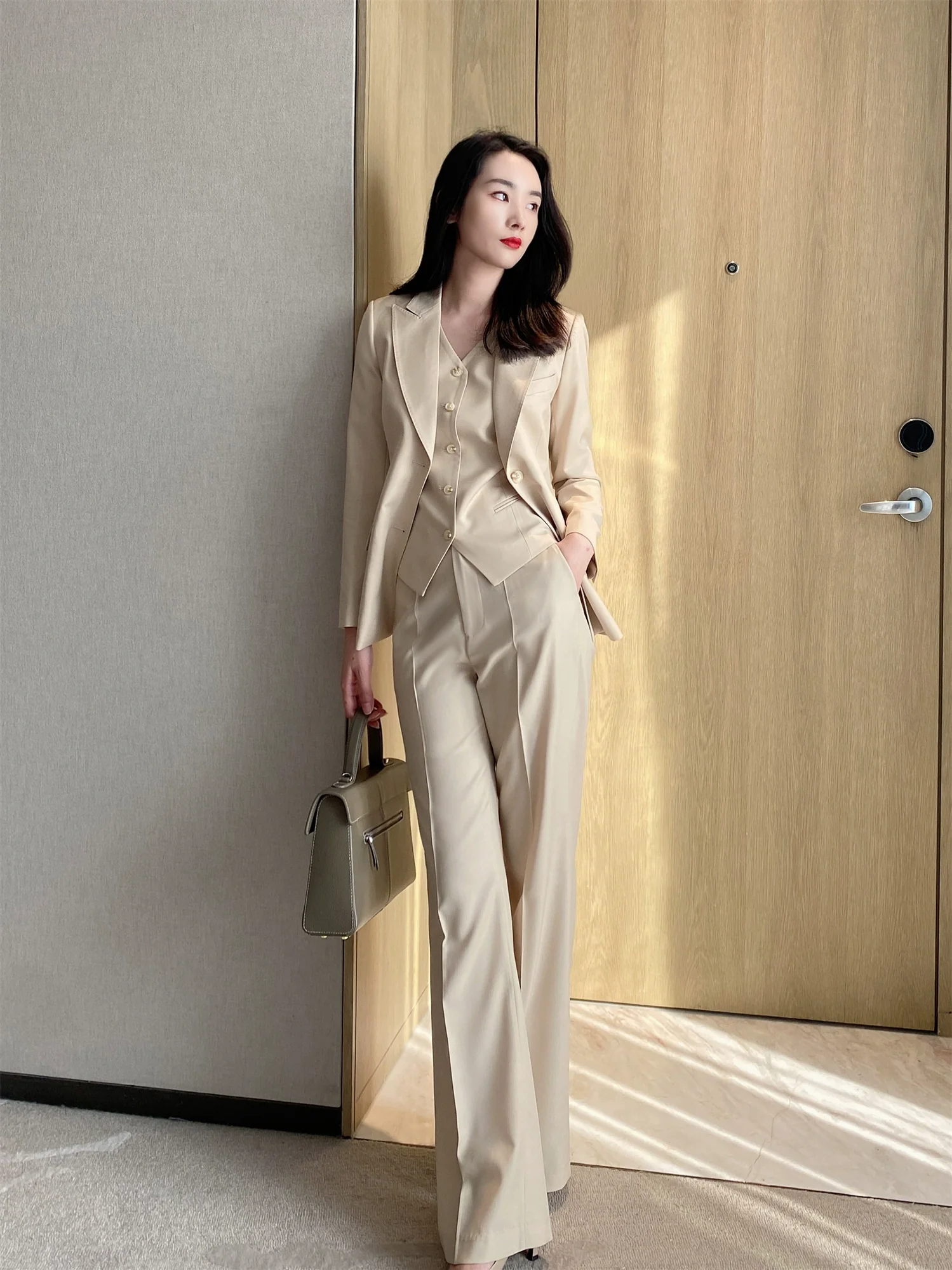 Apricot Woolen Women's Suit Set – Vest & Trousers, Slim Straight Fit - Image 2