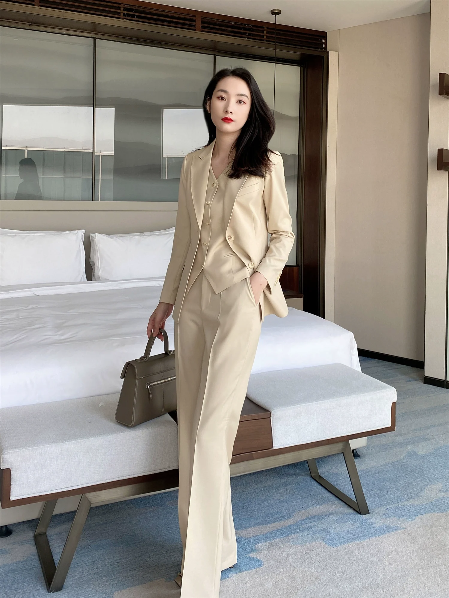 Apricot Woolen Women's Suit Set – Vest & Trousers, Slim Straight Fit - Image 4