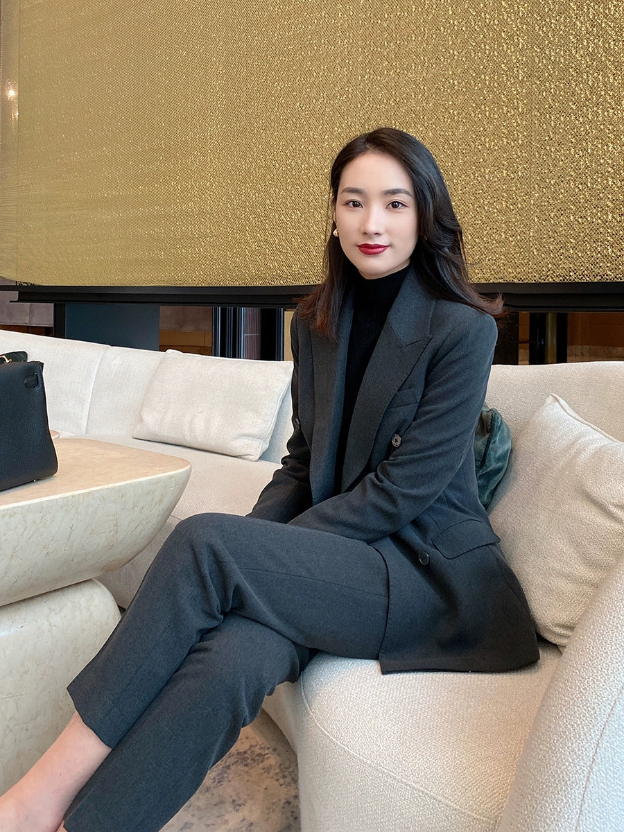 Blue Gray Demi-Season Classic Women's Suit Jacket & Trousers - Image 3