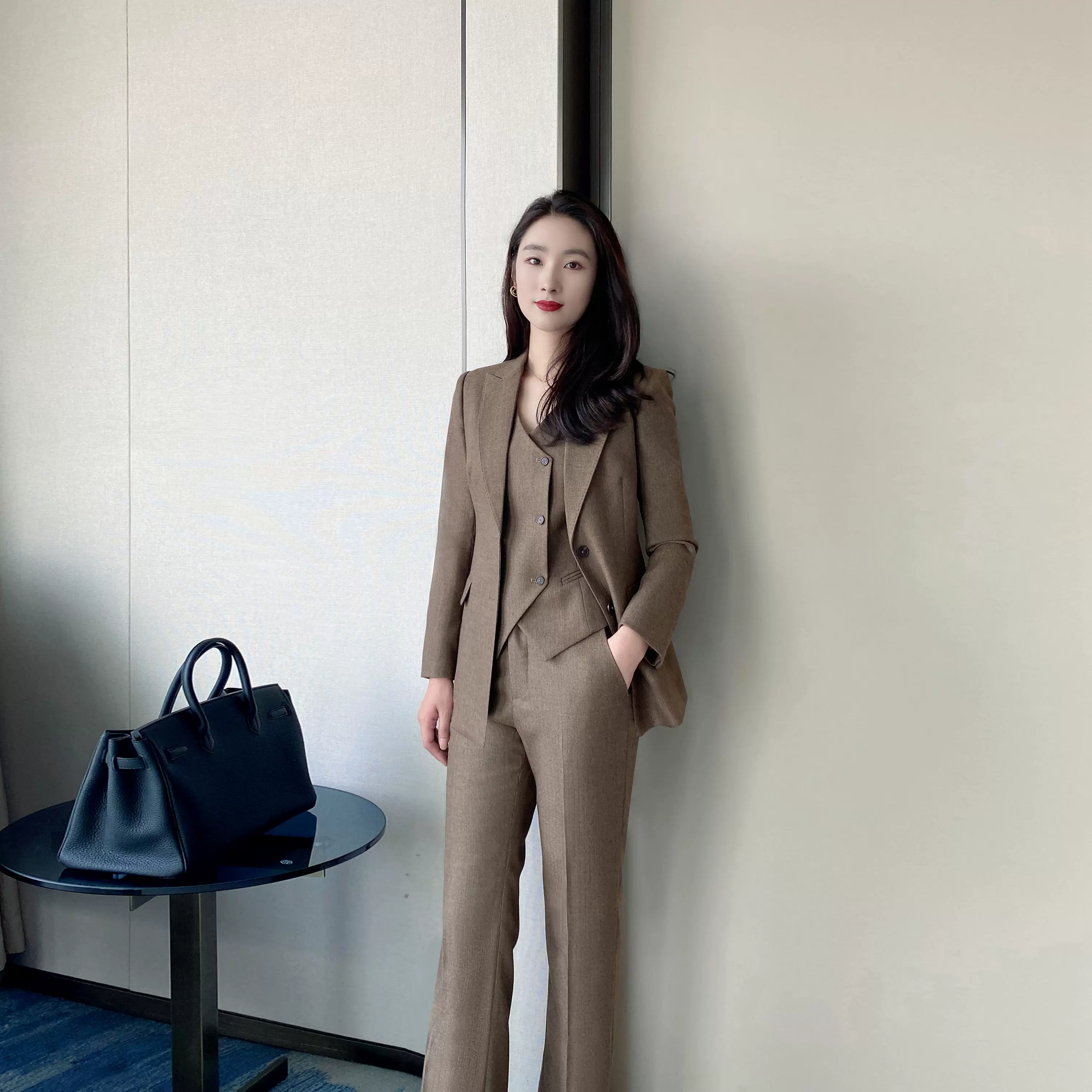 Coffee-Colored Elegant Women's Winter Suit Set – Jacket Vest Flared Trousers - Image 2