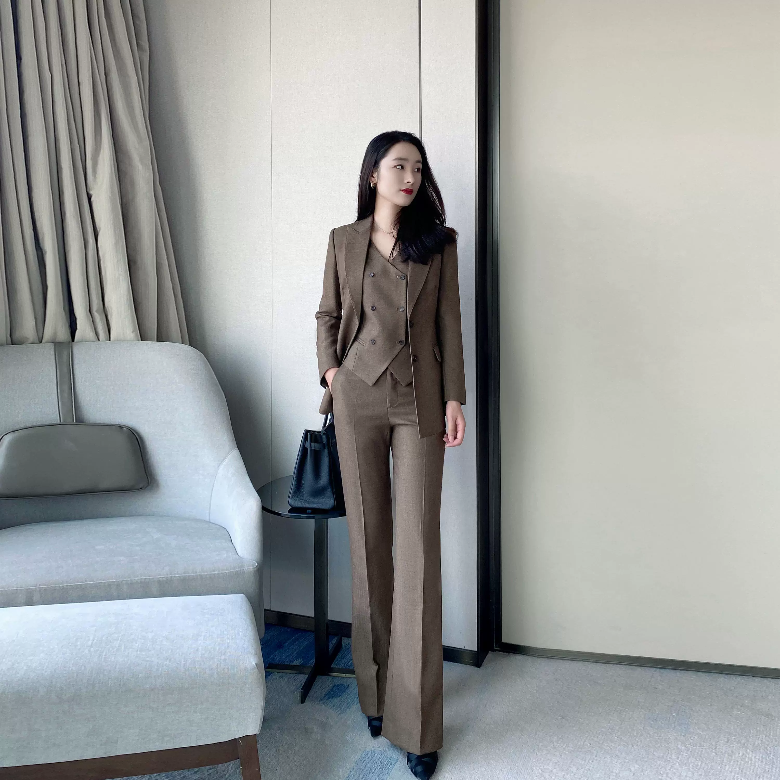 Coffee-Colored Elegant Women's Winter Suit Set – Jacket Vest Flared Trousers - Image 5