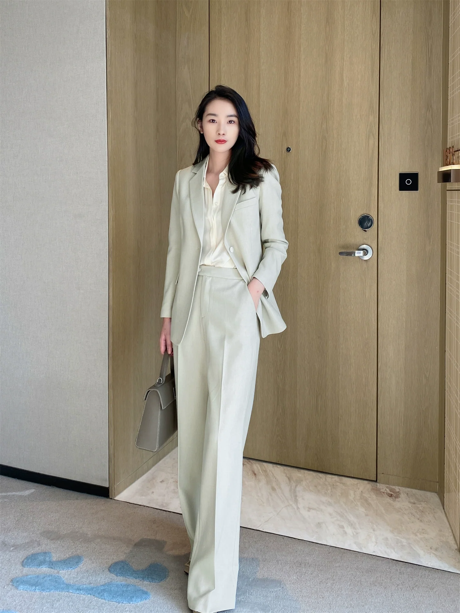 Cream Green Oversized Leisure Suit Set with Straight Trousers