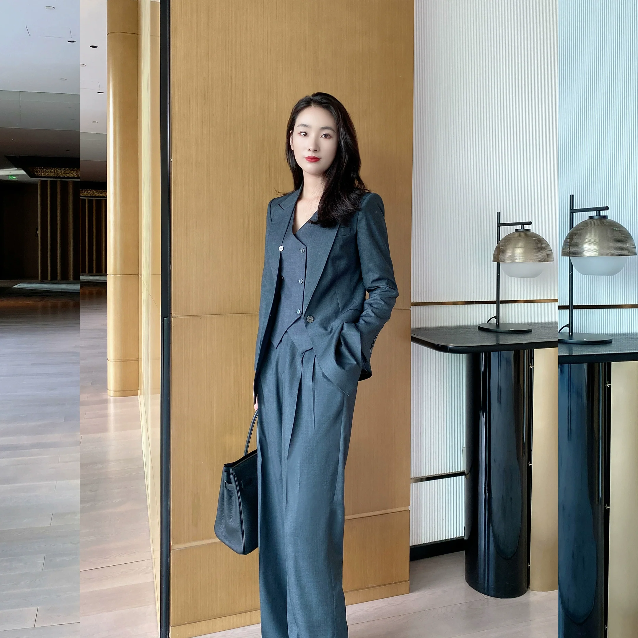 Dark Gray Slim Fit Wool 3-Piece Women's Suit Set - Image 3