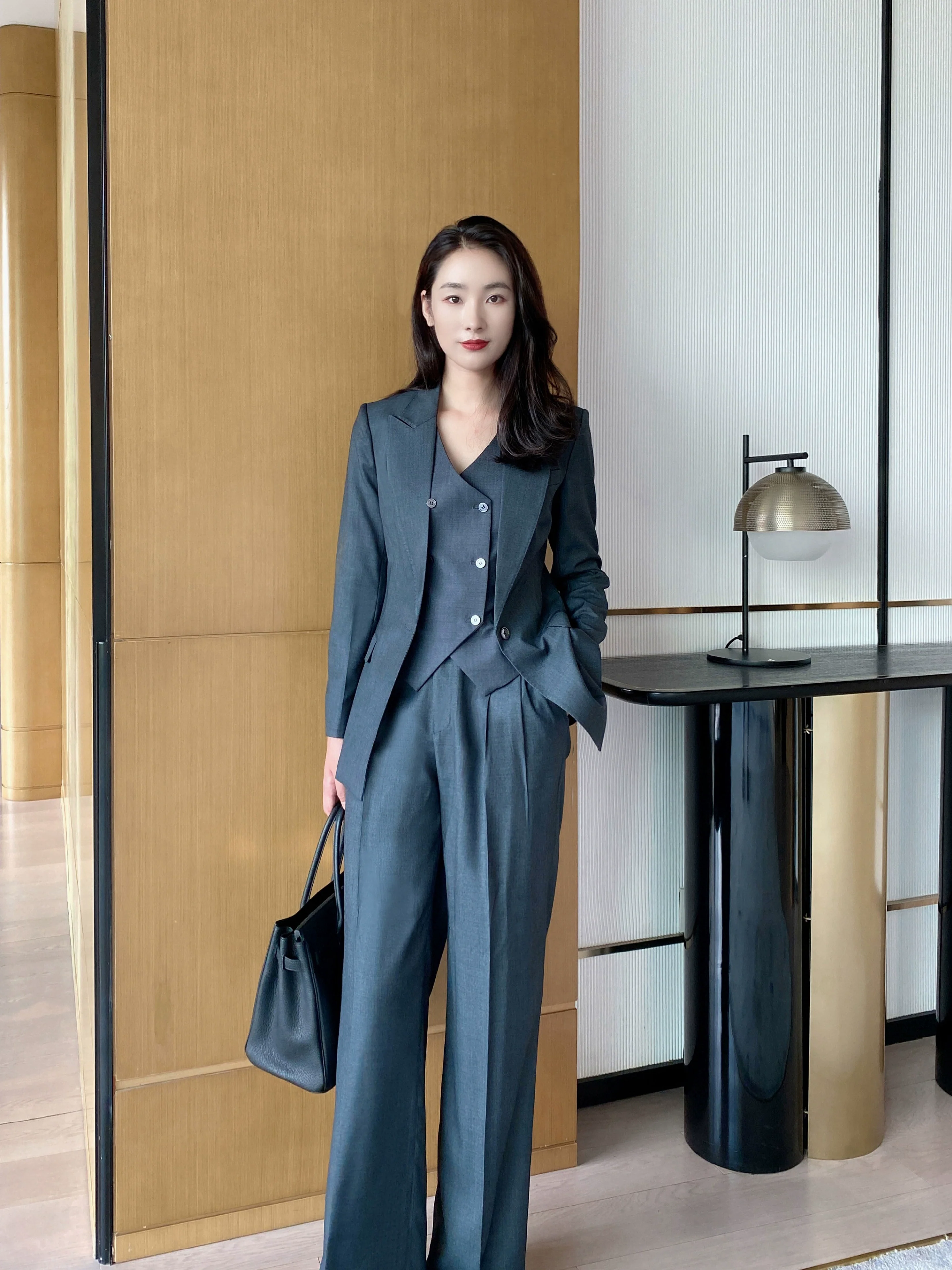 Dark Gray Slim Fit Wool 3-Piece Women's Suit Set - Image 6