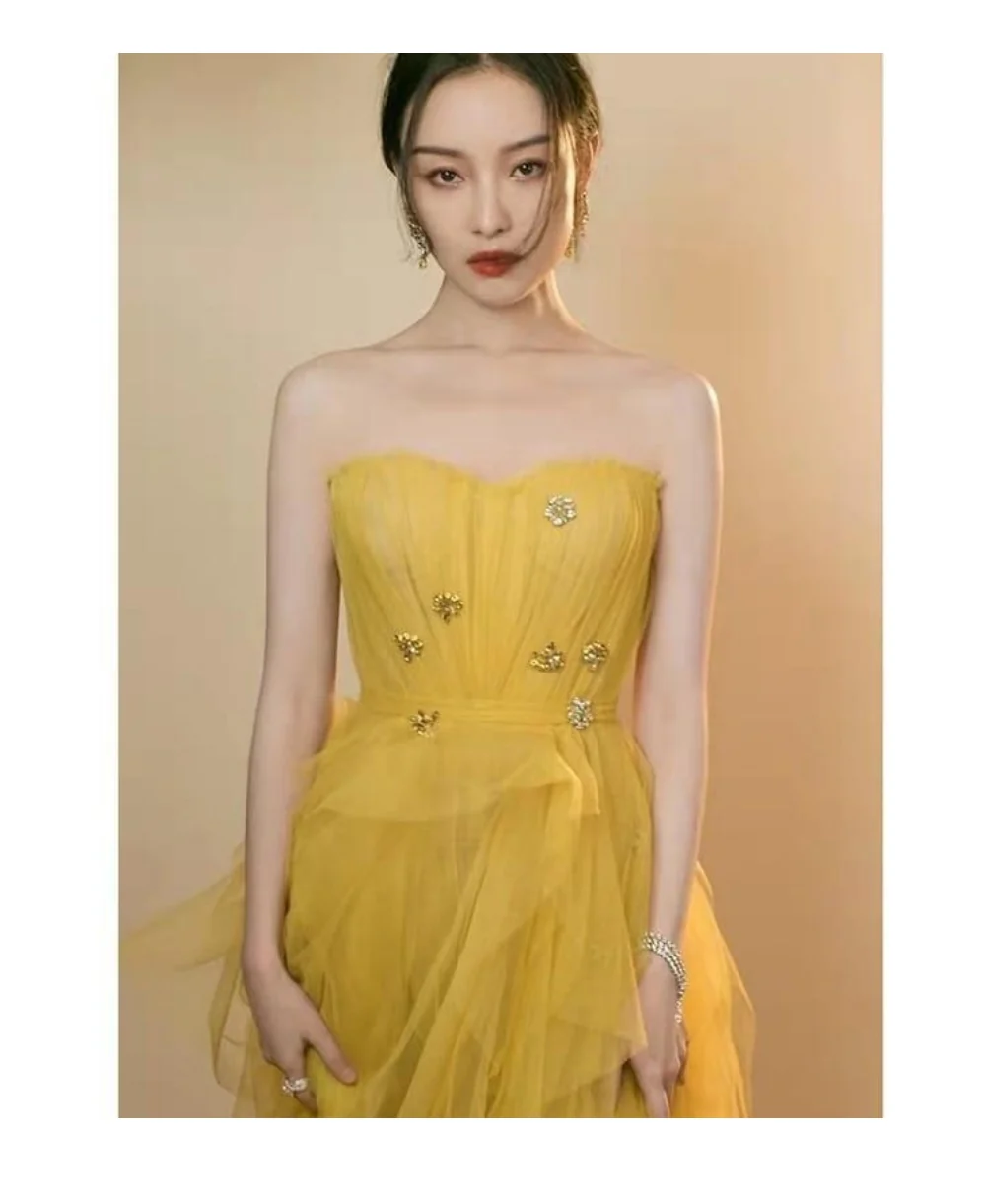 Yellow evening gown tube top new high-end luxury niche celebrity wedding dress French high-end wedding dress - Image 5
