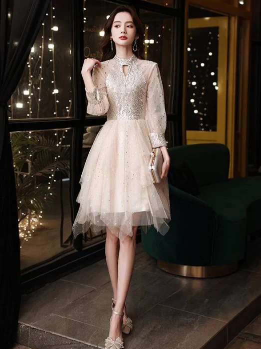 EG-SALE-AME-00120 French Lemondtajoes champagne evening dress for women, banquet, petite, high-quality art exam dress