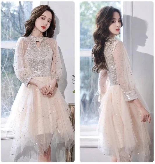 EG-SALE-AME-00120 French Lemondtajoes champagne evening dress for women, banquet, petite, high-quality art exam dress - Image 4
