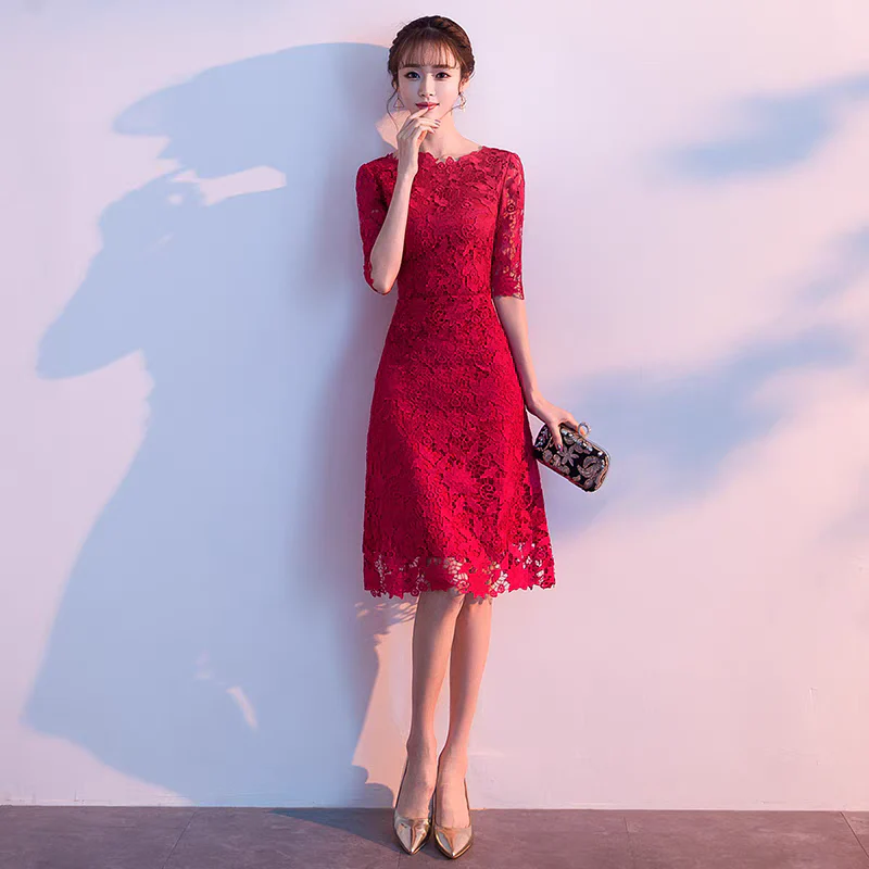 EG-SALE-AME-00123 Bride toast dress wine red can be worn at ordinary times wedding dress female engagement return door dress lace mid-length