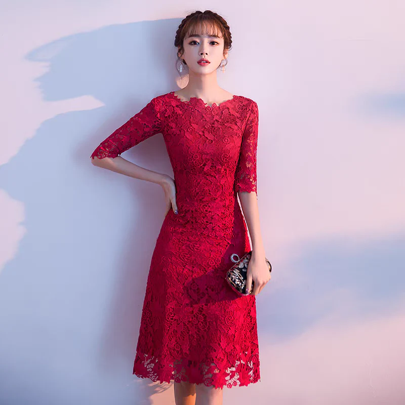 EG-SALE-AME-00123 Bride toast dress wine red can be worn at ordinary times wedding dress female engagement return door dress lace mid-length - Image 2