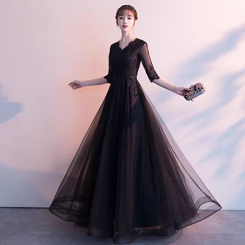 EG-SALE-AME-00130 Evening dress skirt female banquet temperament long lady high-end black slim chorus costume performance costume winter art exam light luxury
