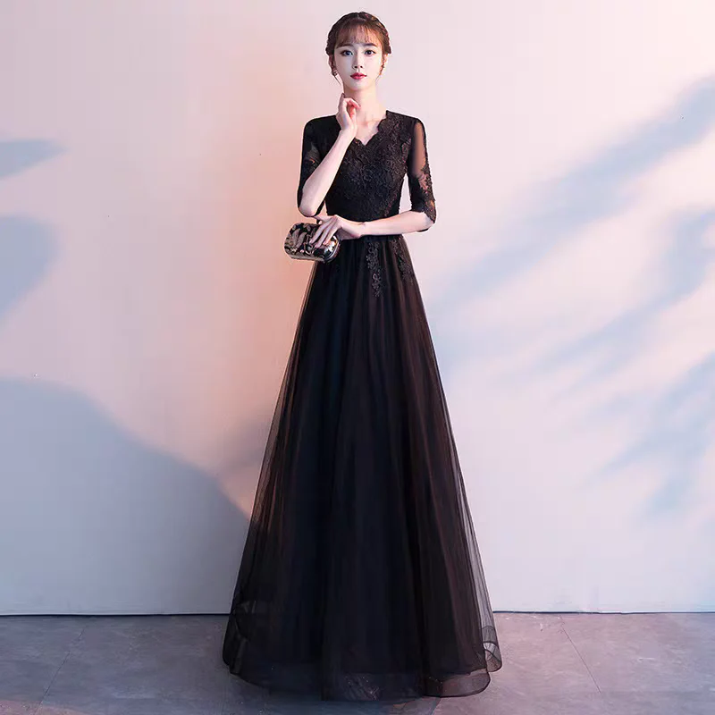 EG-SALE-AME-00130 Evening dress skirt female banquet temperament long lady high-end black slim chorus costume performance costume winter art exam light luxury - Image 3