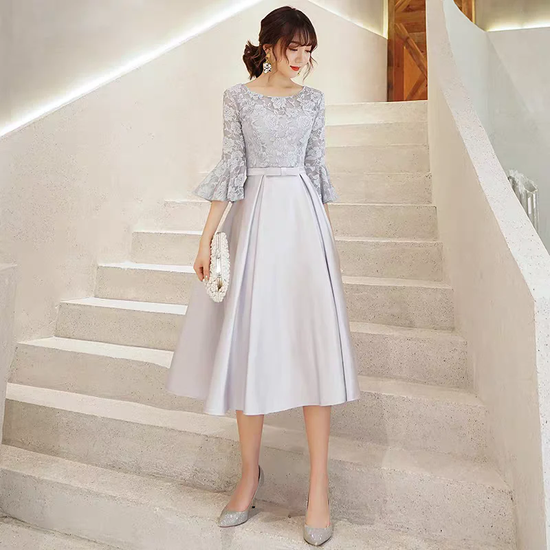 EG-SALE-AME-00138 Bridesmaid dress mid-length new summer Korean version gray bridesmaid dress sister dress slim dress female - Image 2