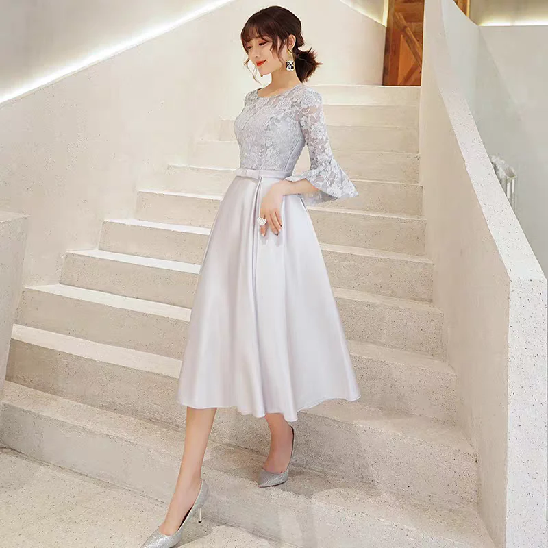 EG-SALE-AME-00138 Bridesmaid dress mid-length new summer Korean version gray bridesmaid dress sister dress slim dress female - Image 3