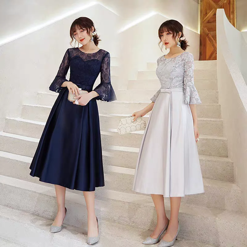EG-SALE-AME-00138 Bridesmaid dress mid-length new summer Korean version gray bridesmaid dress sister dress slim dress female - Image 4