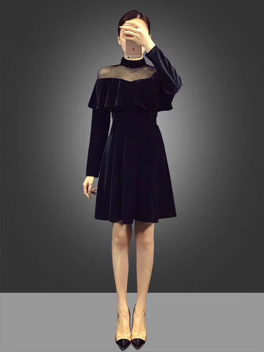 EG-SALE-AME-00153 Celebrity temperament mesh splicing velvet dress French retro skirt autumn and autumn women's small dress - Image 4