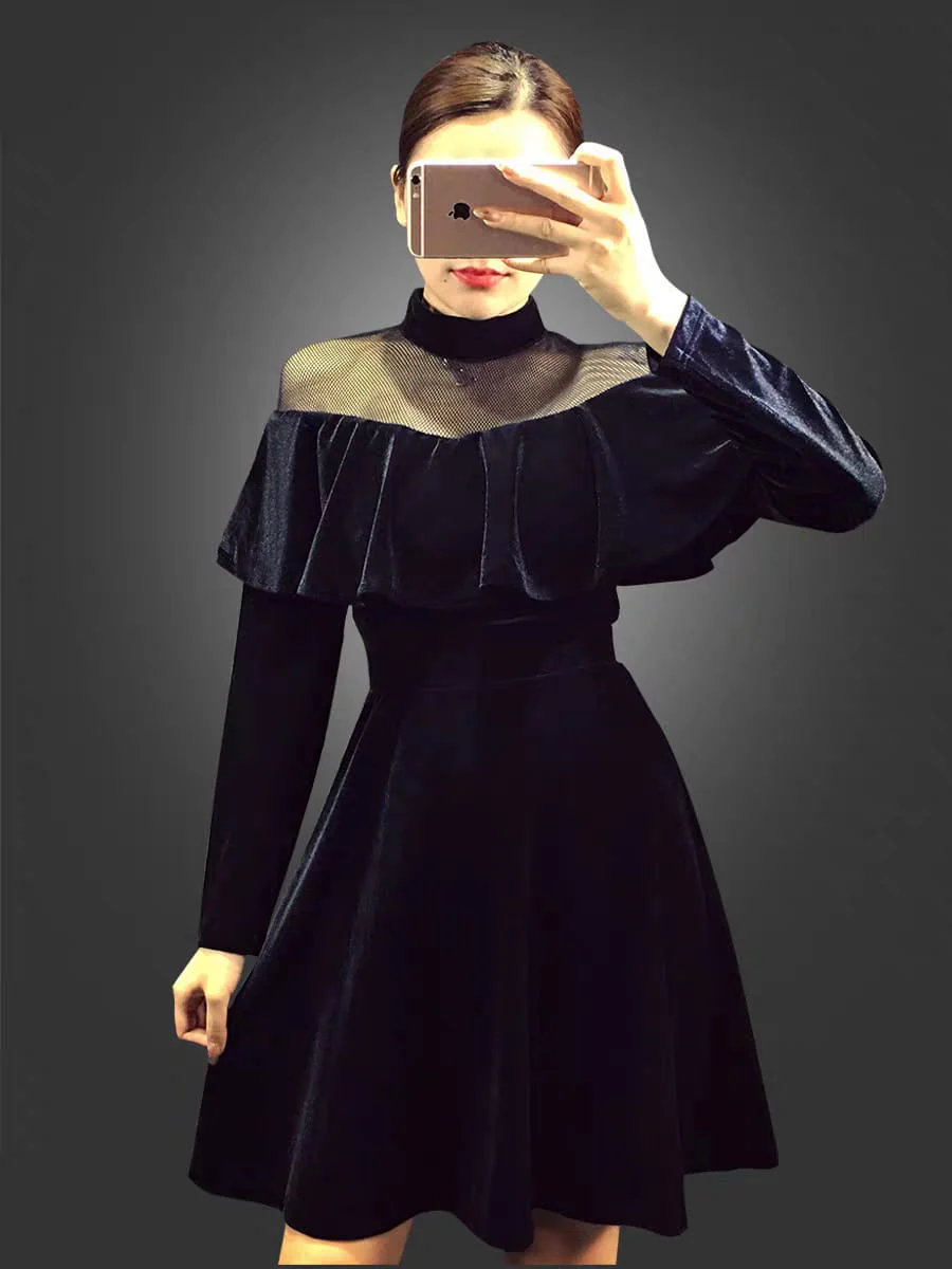 EG-SALE-AME-00153 Celebrity temperament mesh splicing velvet dress French retro skirt autumn and autumn women's small dress - Image 5