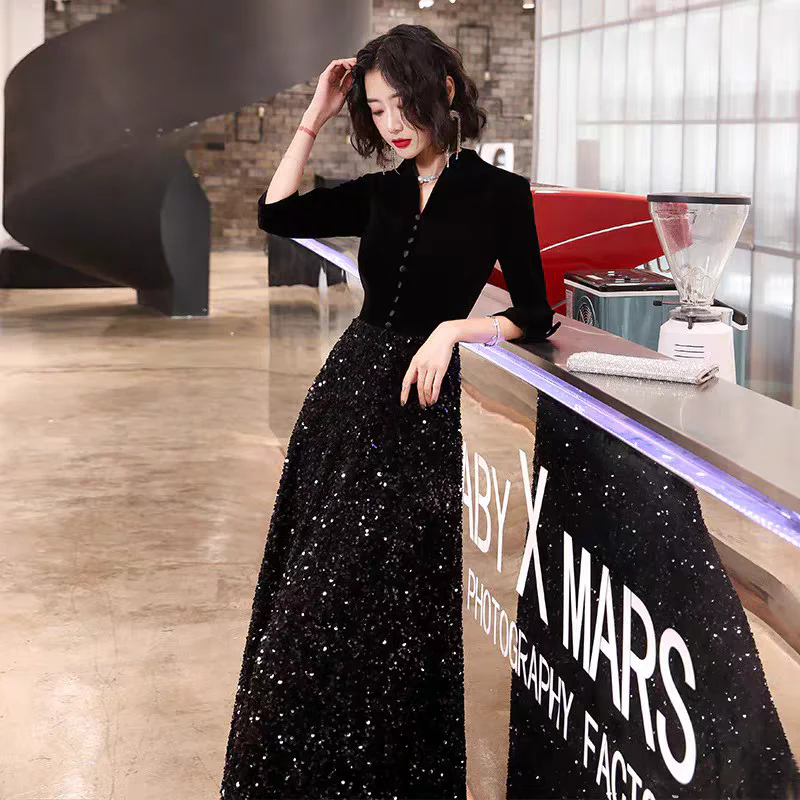 EG-SALE-AME-00155 French black evening dress for women new style high-end banquet temperament long dress host sequin performance competition - Image 2