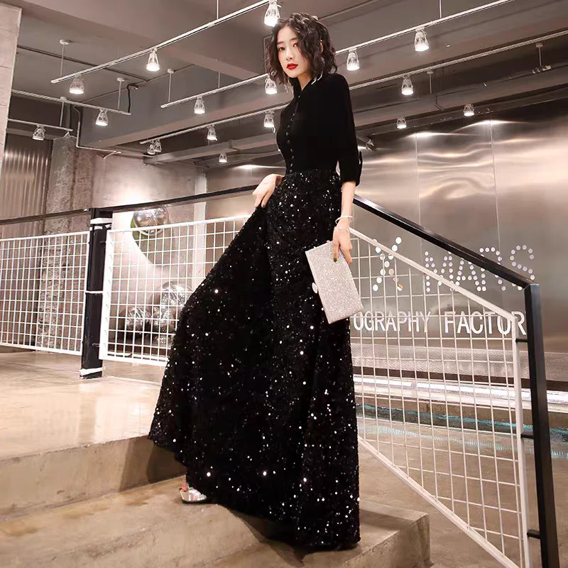 EG-SALE-AME-00155 French black evening dress for women new style high-end banquet temperament long dress host sequin performance competition - Image 3
