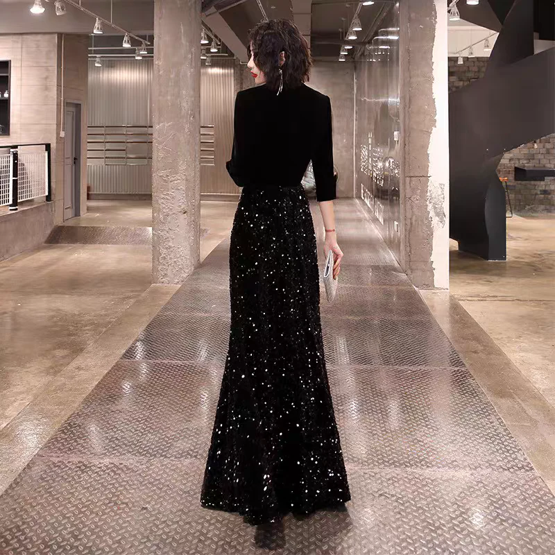 EG-SALE-AME-00155 French black evening dress for women new style high-end banquet temperament long dress host sequin performance competition - Image 4