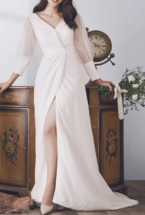 European V-Neck Long Sleeve Backless Slim Wedding Gown | Ready-to-Wear - Image 8