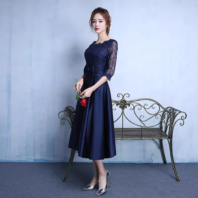 EG-SALE-AME-00178 New style evening dress mid-length long-sleeved wedding dress toast dress - Image 2