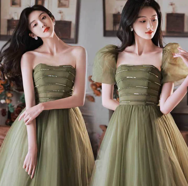 EG-SALE-AME-00181 Forest style evening dress for women light luxury high-end fairytale aesthetic olive green tone, puff sleeves, and flowing tulle skirt