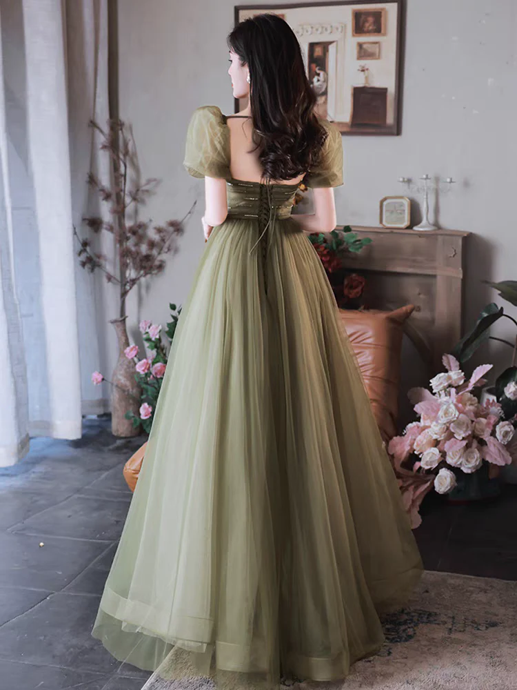 EG-SALE-AME-00181 Forest style evening dress for women light luxury high-end fairytale aesthetic olive green tone, puff sleeves, and flowing tulle skirt - Image 5