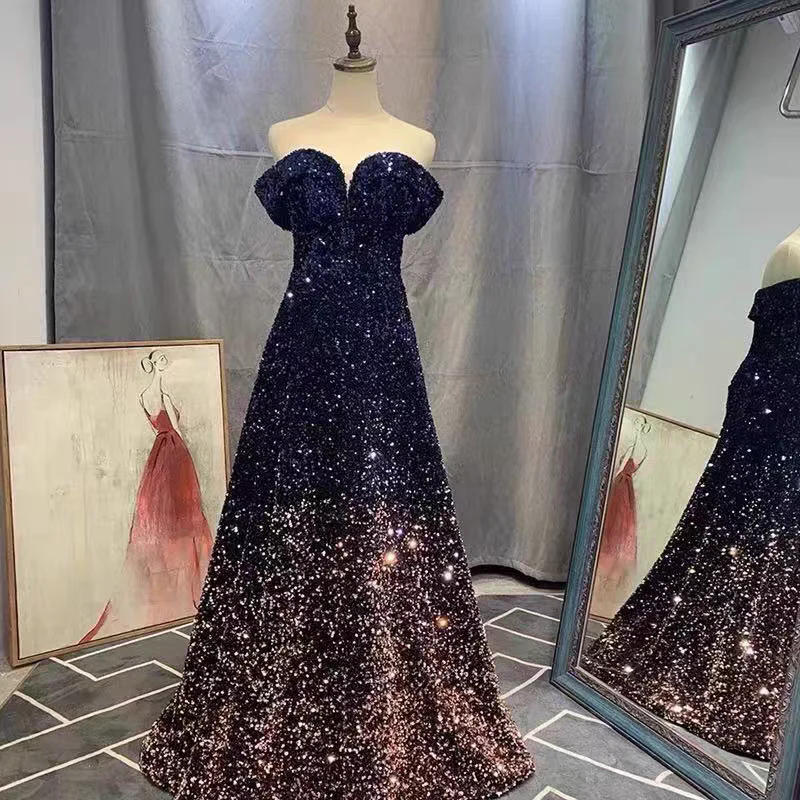 EG-SALE-AME-00200 OFF-shoulder sequined evening dress high-end banquet host , exam annual meeting light luxury - Image 3