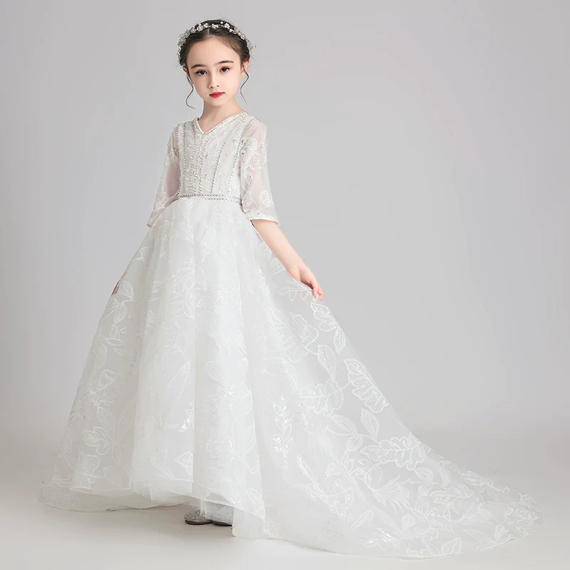 Elegant Flower Girl Dress Extra-Long Wedding Princess Costume Evening Gown - Image 3