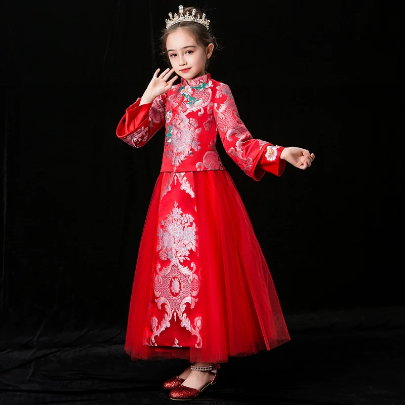 Elegant Girls' Fleece Lined Hanfu Cheongsam Dress: Traditional Chinese New Year Outfit - Image 7