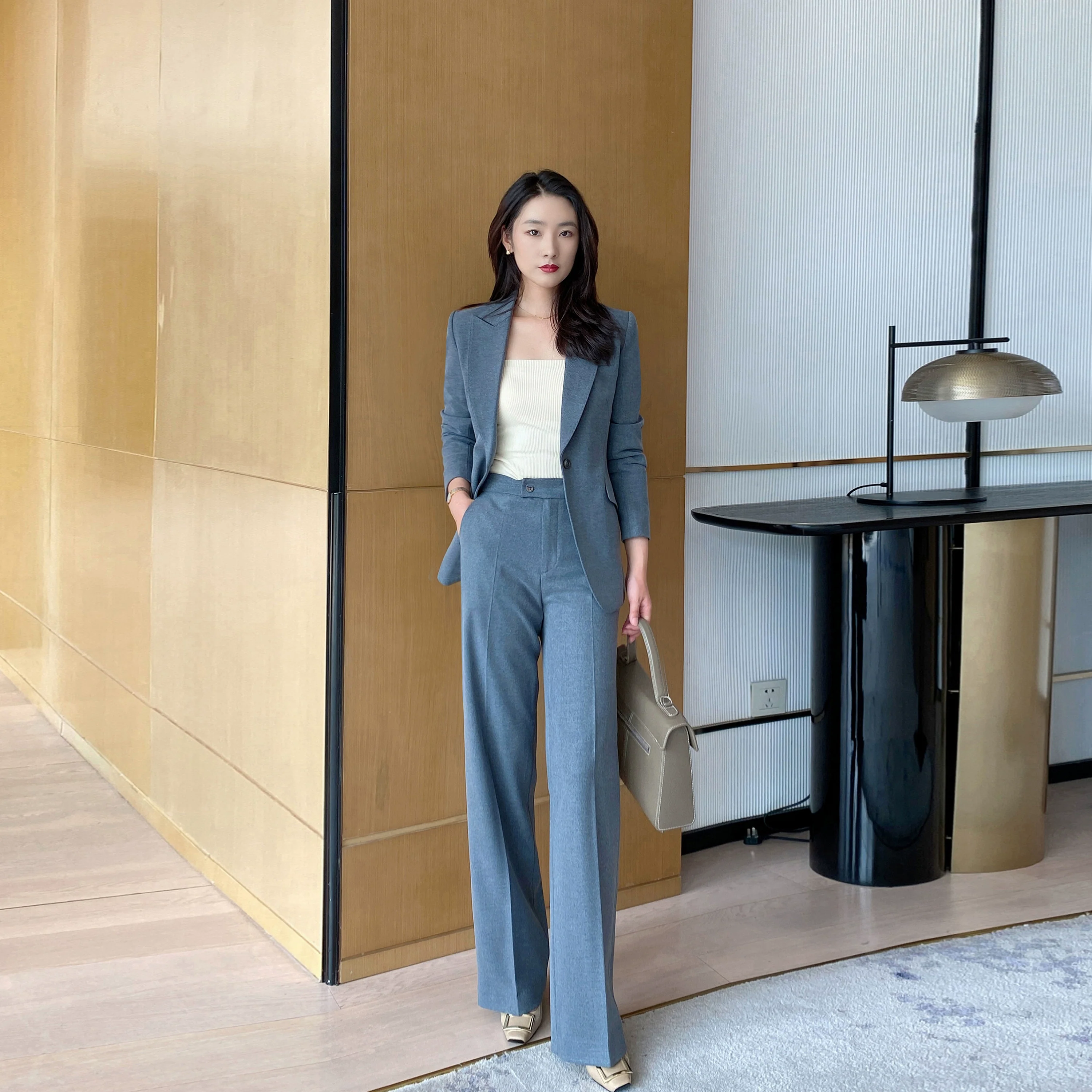 Elegant Grey Demi-Season Women's Suit Jacket Set with Trousers - Image 5