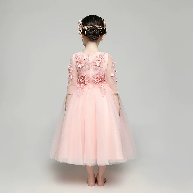 Elegant Long Sleeve Flower Girl Dress Princess Evening Costume - Image 3