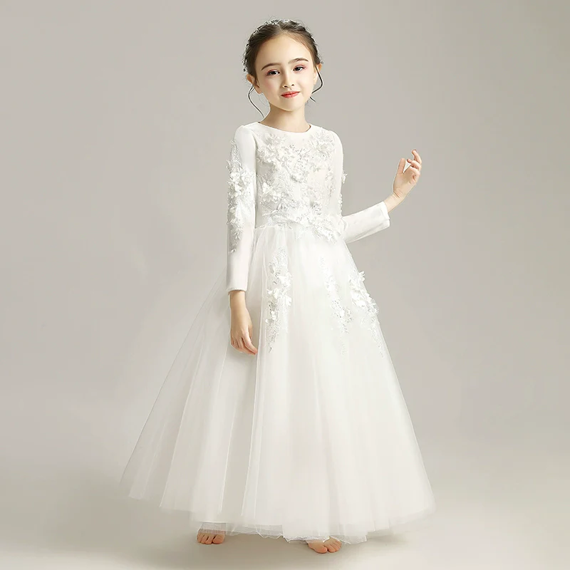 Elegant Princess Flower Girl Dress: Long-Sleeve Fleece Wedding Performance Gown - Image 3