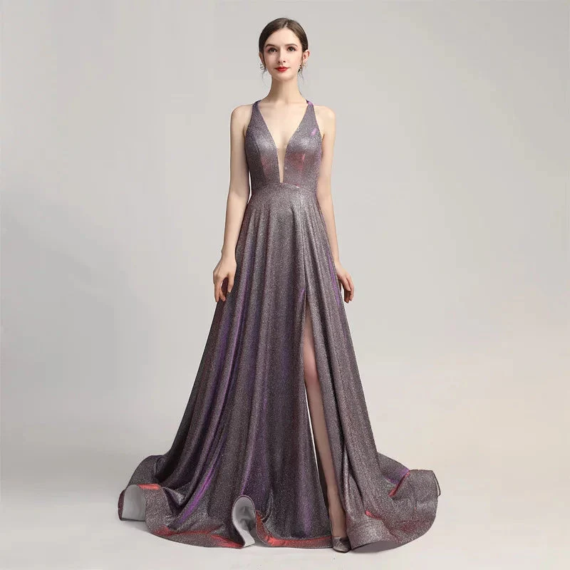 Elegant V-neck Sequin Long Prom Evening Dresses Lace Up Court Train Formal Party Gown Pageant Dress