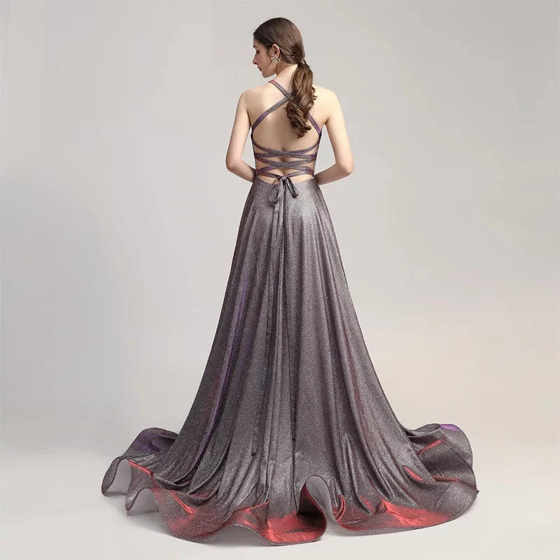 Elegant V-neck Sequin Long Prom Evening Dresses Lace Up Court Train Formal Party Gown Pageant Dress - Image 2