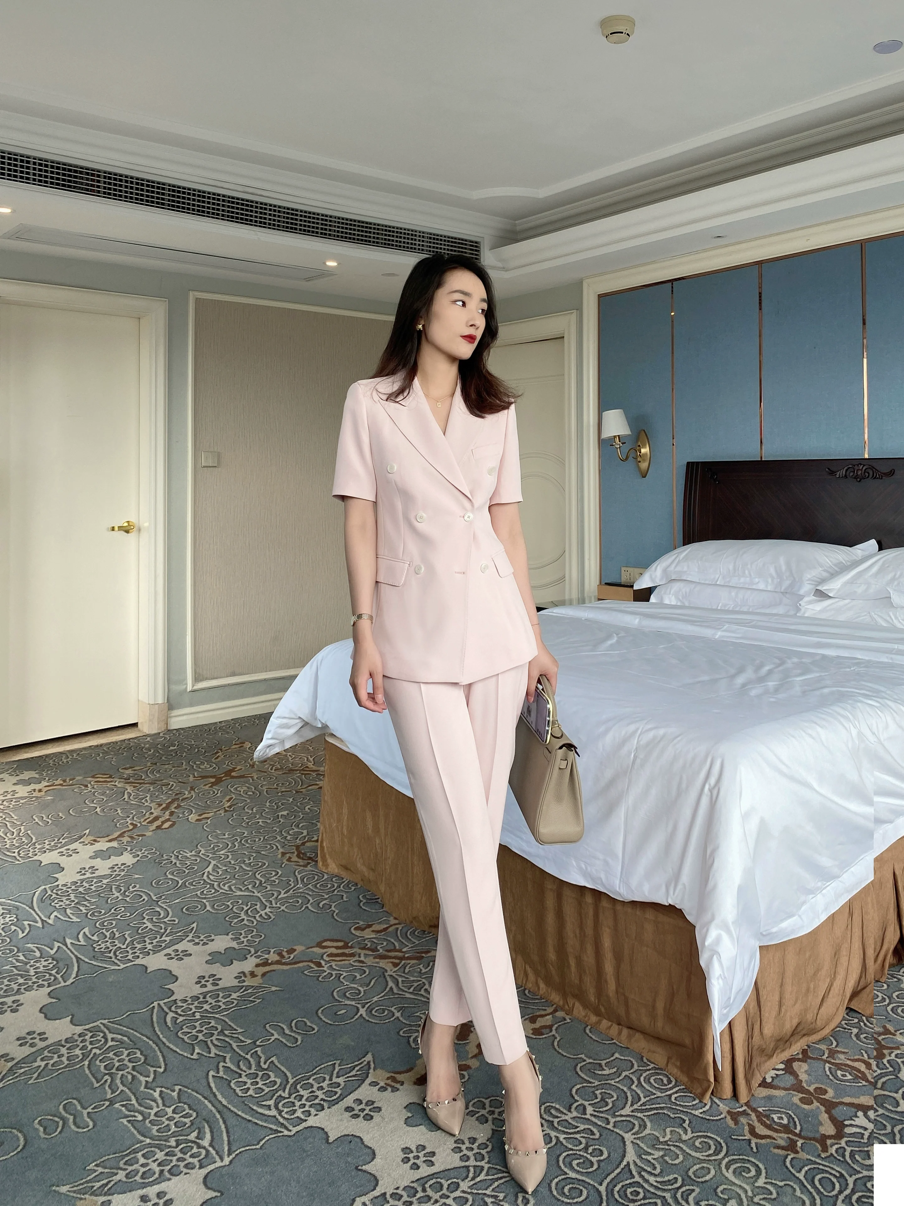 Elegant White Pearl Polyester Summer Suit Jacket with Short Sleeve - Image 5