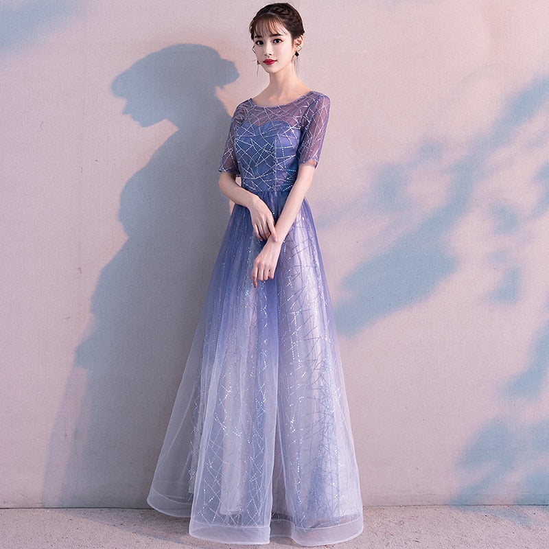 Evening Dress Gradient Blue Color Elegant Party Gowns Women A-line Floor length Short Sleeve Formal Dresses  E048 - Image 7