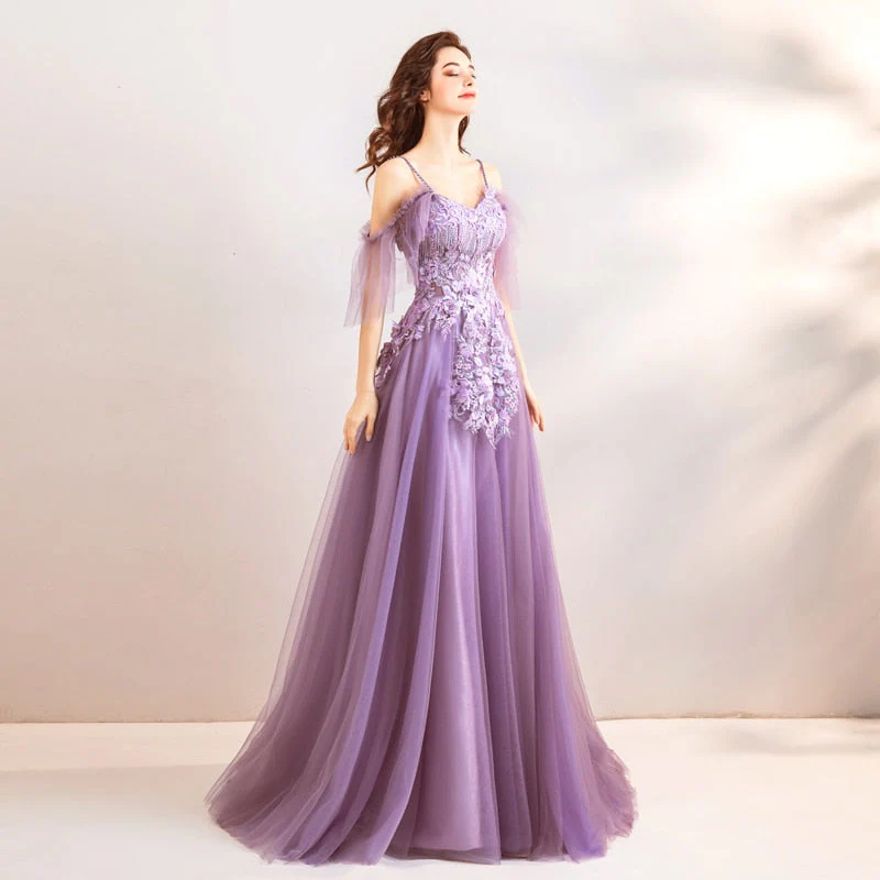 Purple Evening Dress Strapless A-line Tulle Party Evening Dresses Sex Floor-length Short Sleeves Lace up LX807 - Image 2