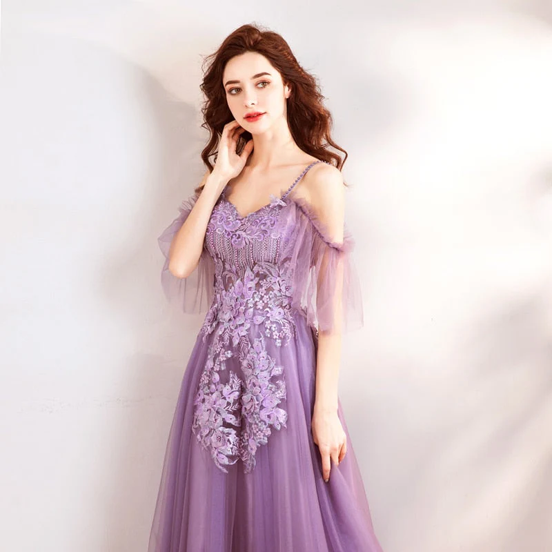 Purple Evening Dress Strapless A-line Tulle Party Evening Dresses Sex Floor-length Short Sleeves Lace up LX807 - Image 3