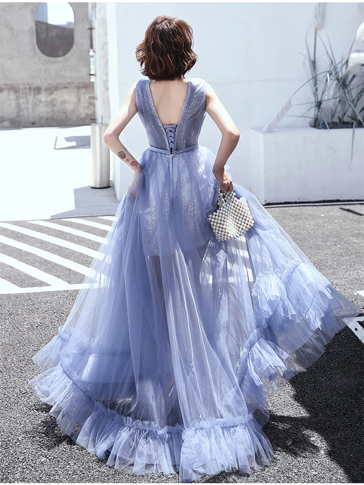 Evening Gowns Elegant Tiered V-neck Blue A-Line Robe De Soiree Sleeveles Floor-Length Women Party Dresses E861 - Image 6