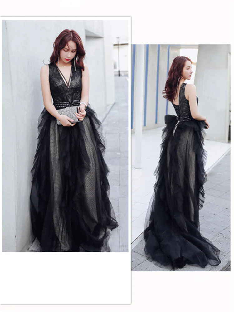 Evening Gowns Sexy V-neck Backless Black Train Robe De Soiree Formal Sleeveless A-Line Women Party Dresses E874 - Image 6