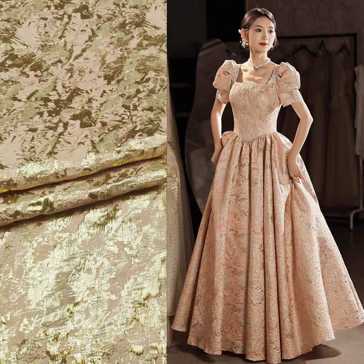 FAB-BROC-011 French style gold stamping graffiti high-end brocade dress fabric spring and summer gold thread dress jacquard clothing fabric - Image 3