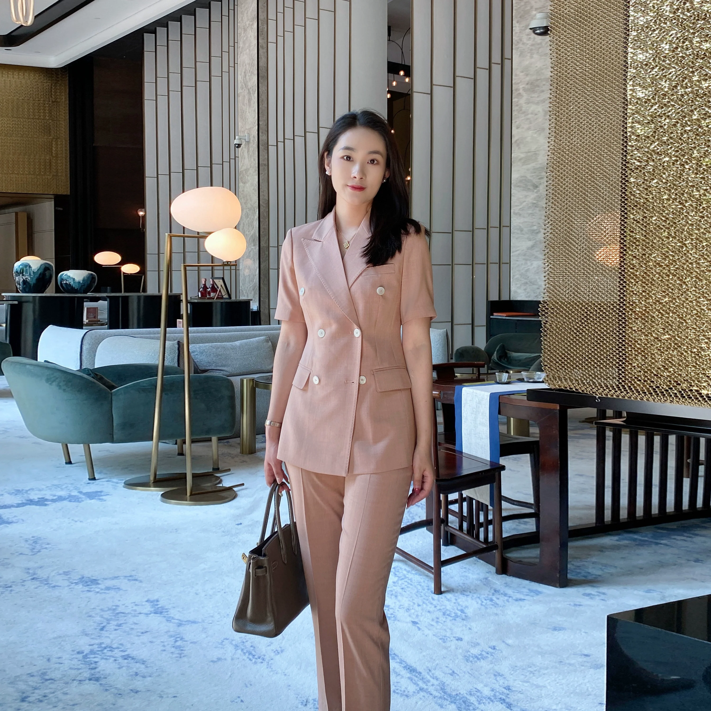 Fuchsia Summer Light Slim Suit Set with Short Sleeve - Image 3