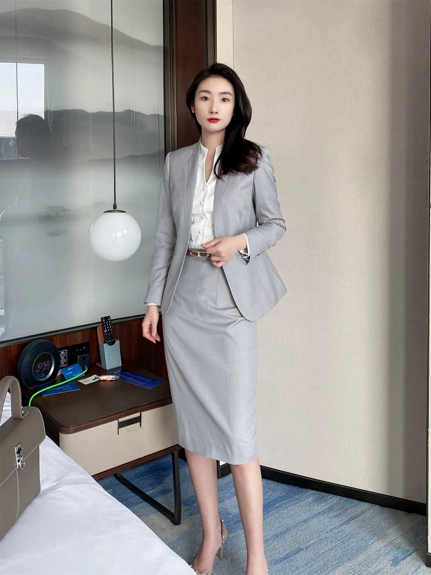 Grey Elegant Women's Suit Set with Hip Skirt - Image 6