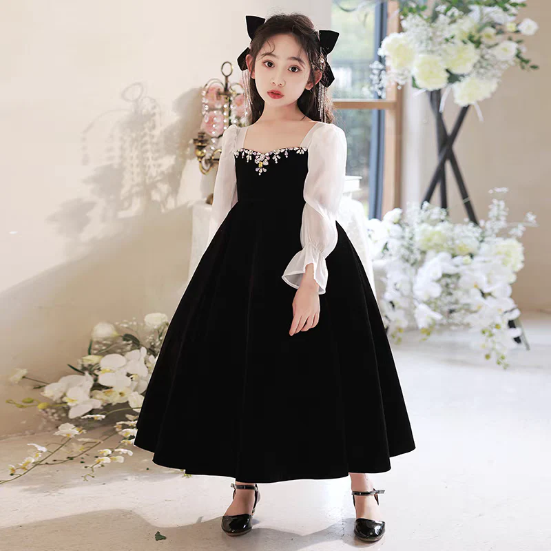 EG-SALE-AME-00143 Handmade Black Princess Dress - High-End Girls' Evening Gown for Birthday, Piano, and Special Occasions - Ame Handmadesg - Image 2