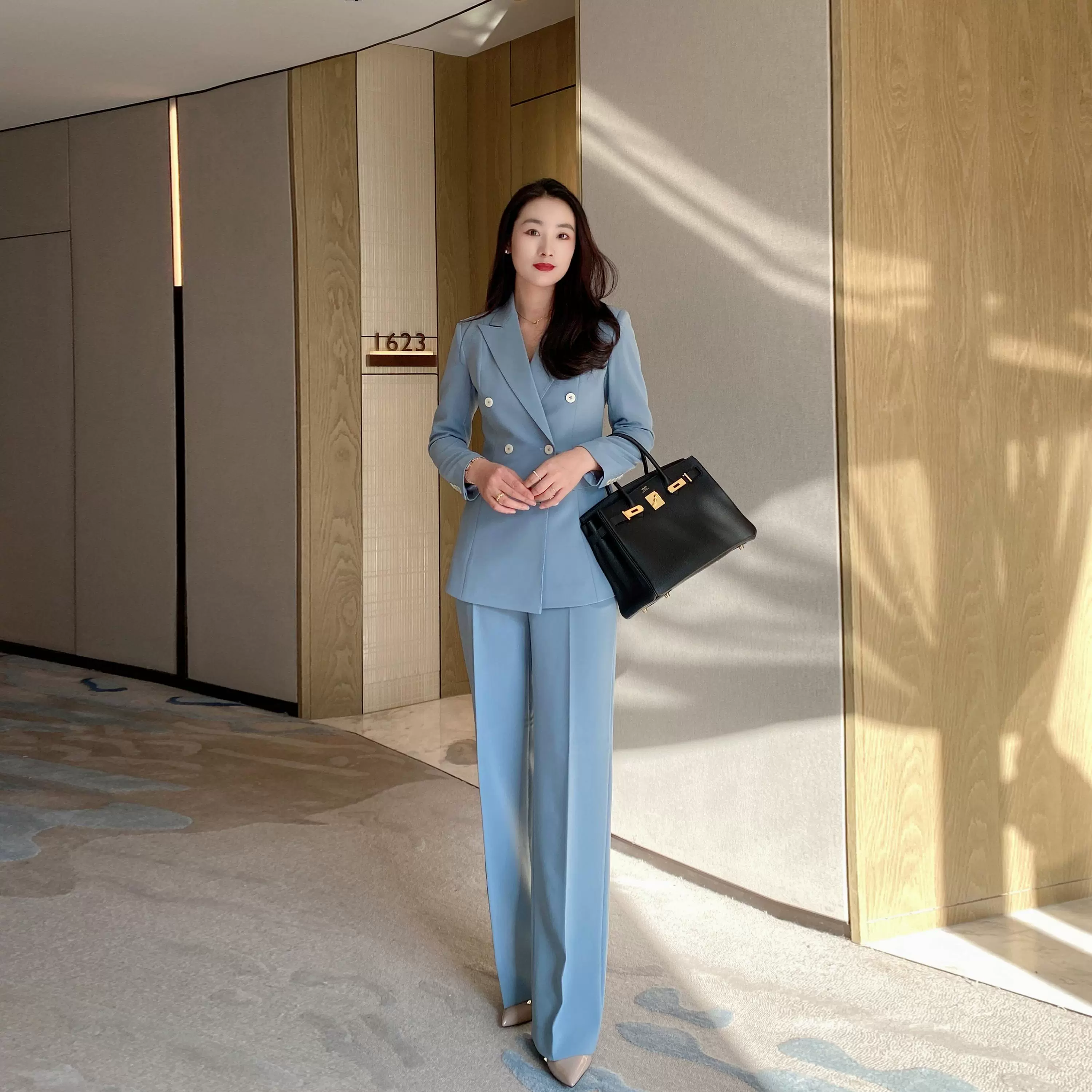 Lake Blue Women's Double‑Breasted Suit Set with Loose Straight Trousers - Image 5