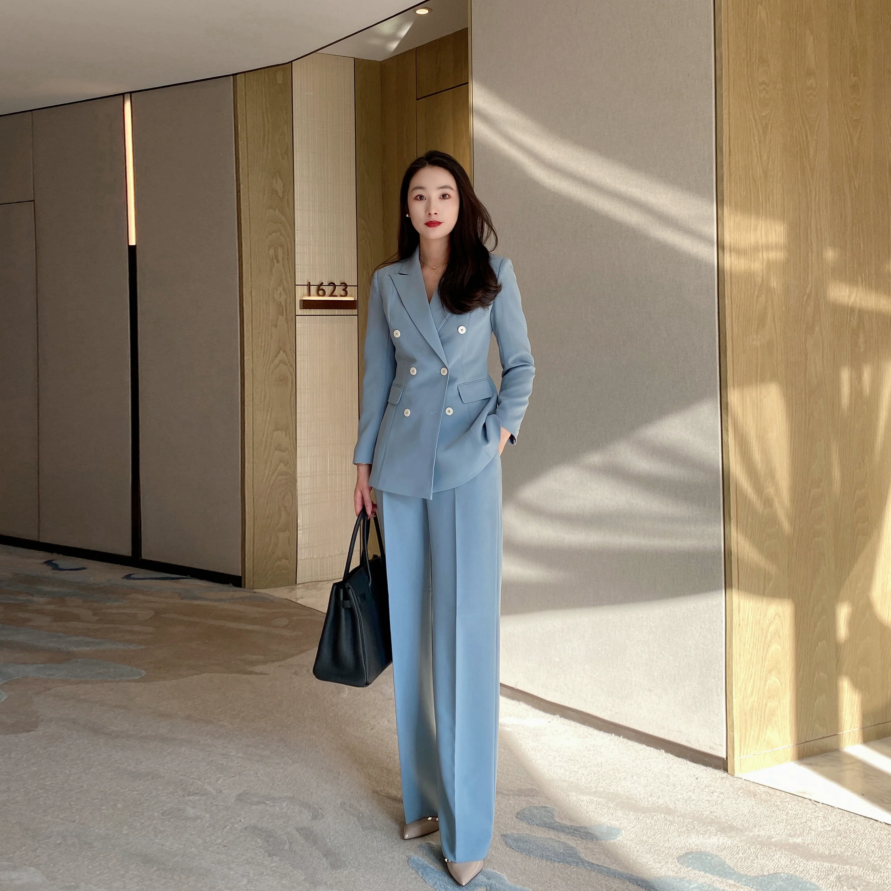 Lake Blue Women's Double‑Breasted Suit Set with Loose Straight Trousers - Image 6