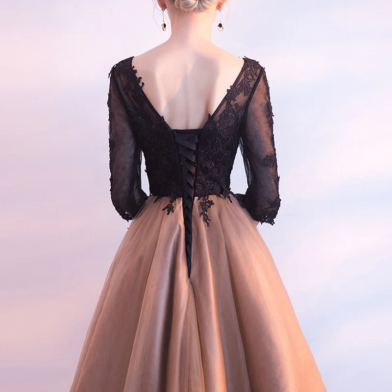 Luxury Black And Yellow O-Neck Half Sleeve Backless Appliques Lace Up Cocktail Dresses Knee Length Formal Dress LX458 - Image 2